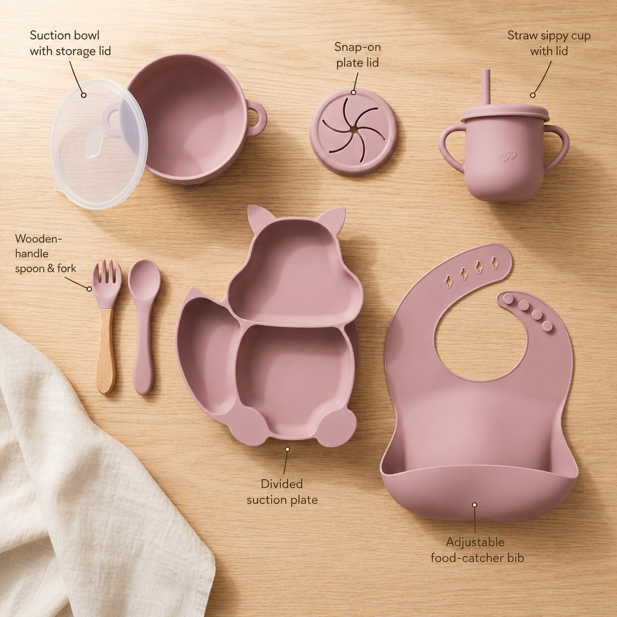 8-Piece Silicone Baby Feeding Set — Suction Bowl, Squirrel Plate, Cup, Bib & Utensils, Mauve