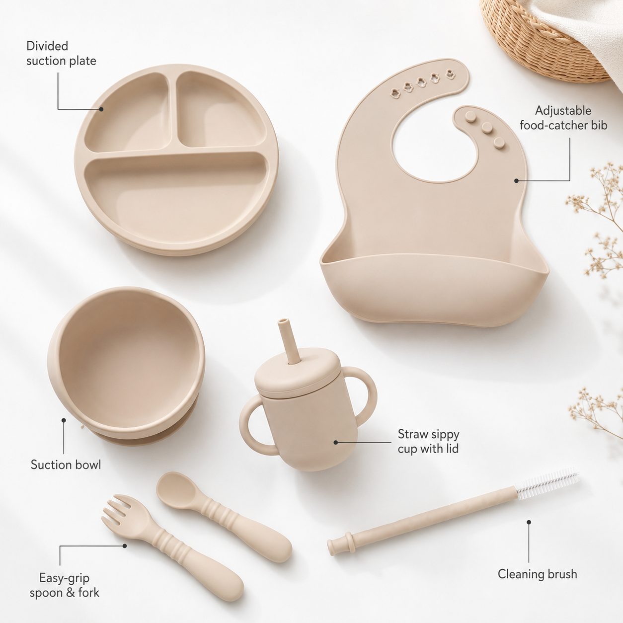 6-Piece Silicone Baby Feeding Set — Suction Plate, Bowl, Sippy Cup, Bib & Utensils, Mauve