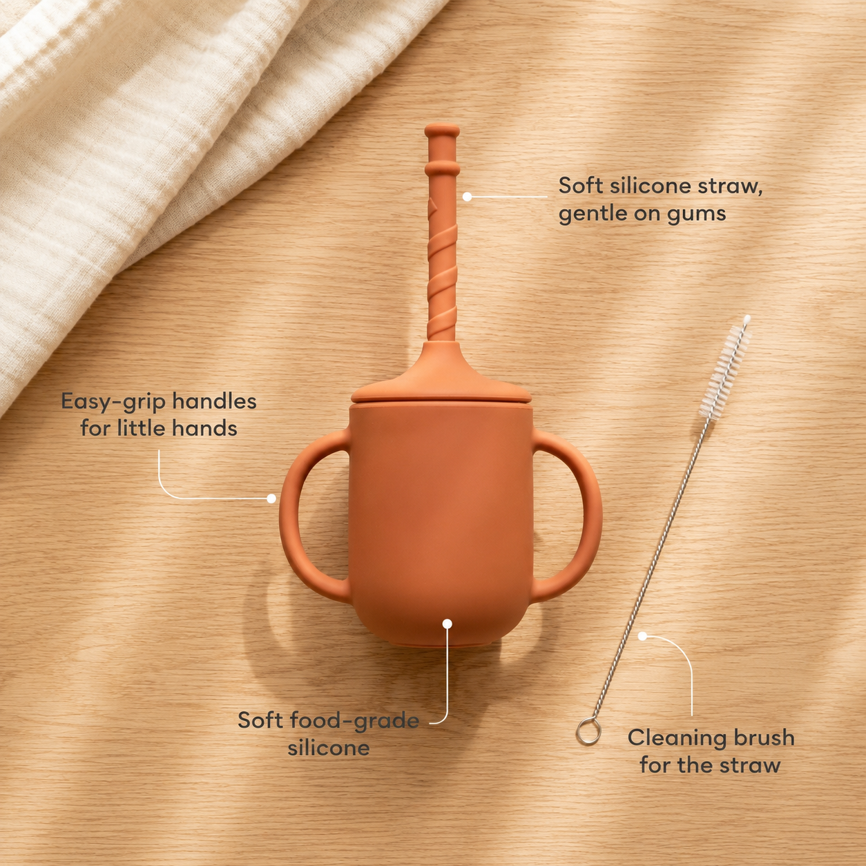 Silicone Baby Straw Cup with Handles & Cleaning Brush — Spill-Resistant Sippy Cup