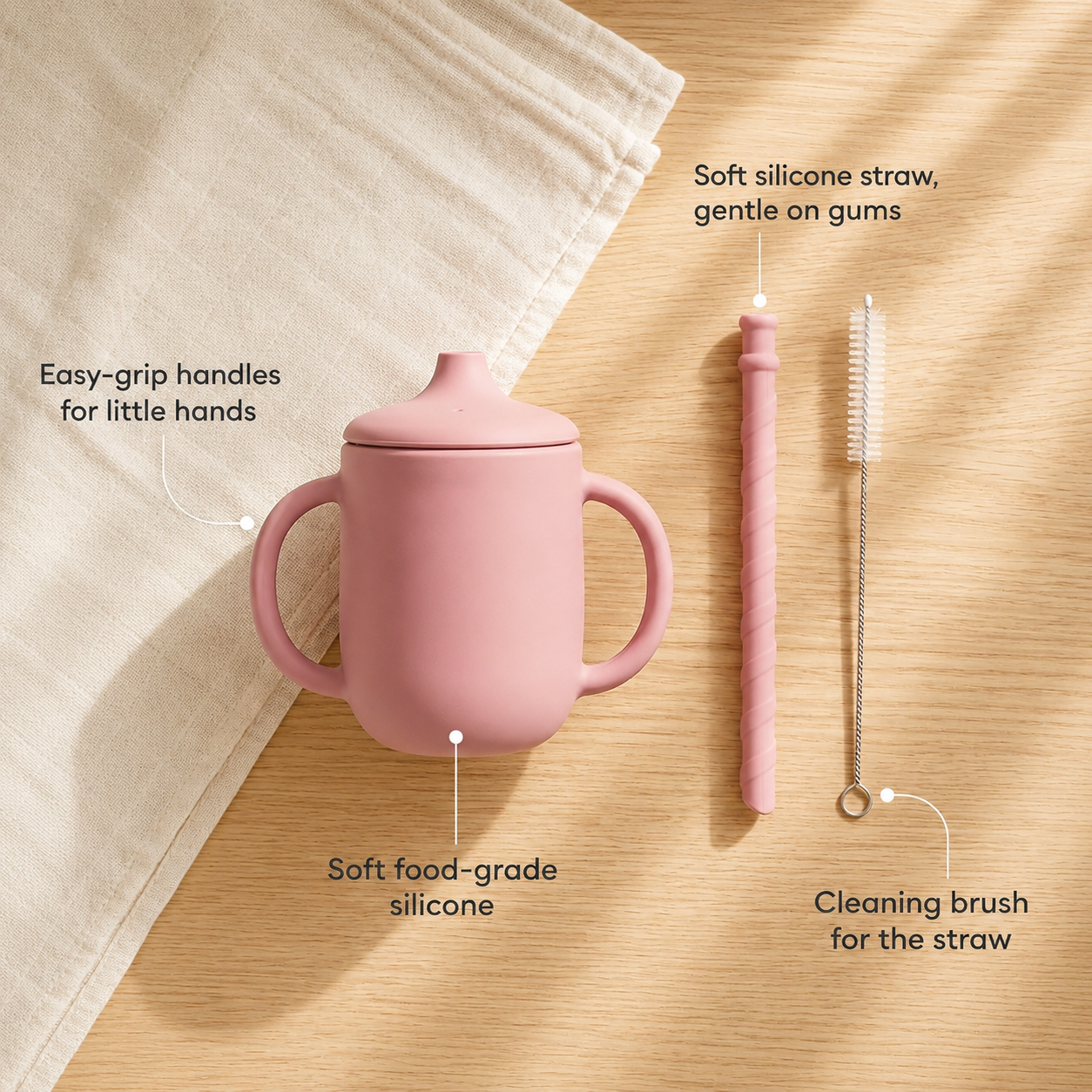 Silicone Baby Straw Cup with Handles & Cleaning Brush — Spill-Resistant Sippy Cup