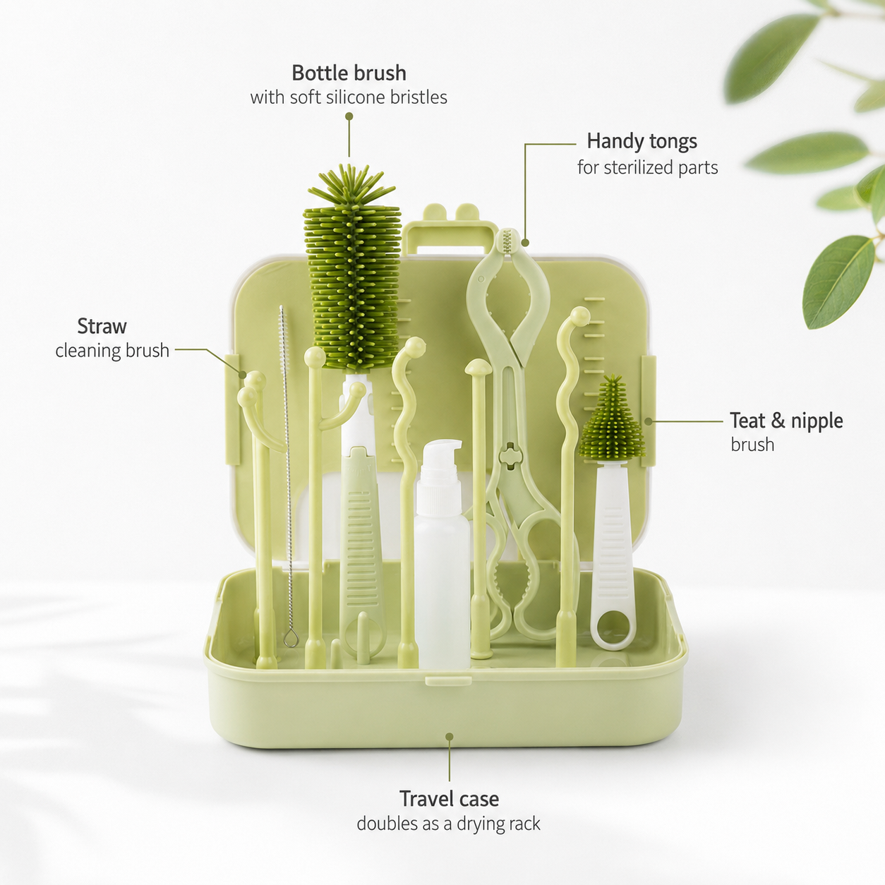 6 in 1 Travel Baby Bottle Brush Kit — Silicone Cleaning Set with Storage & Drying Stand
