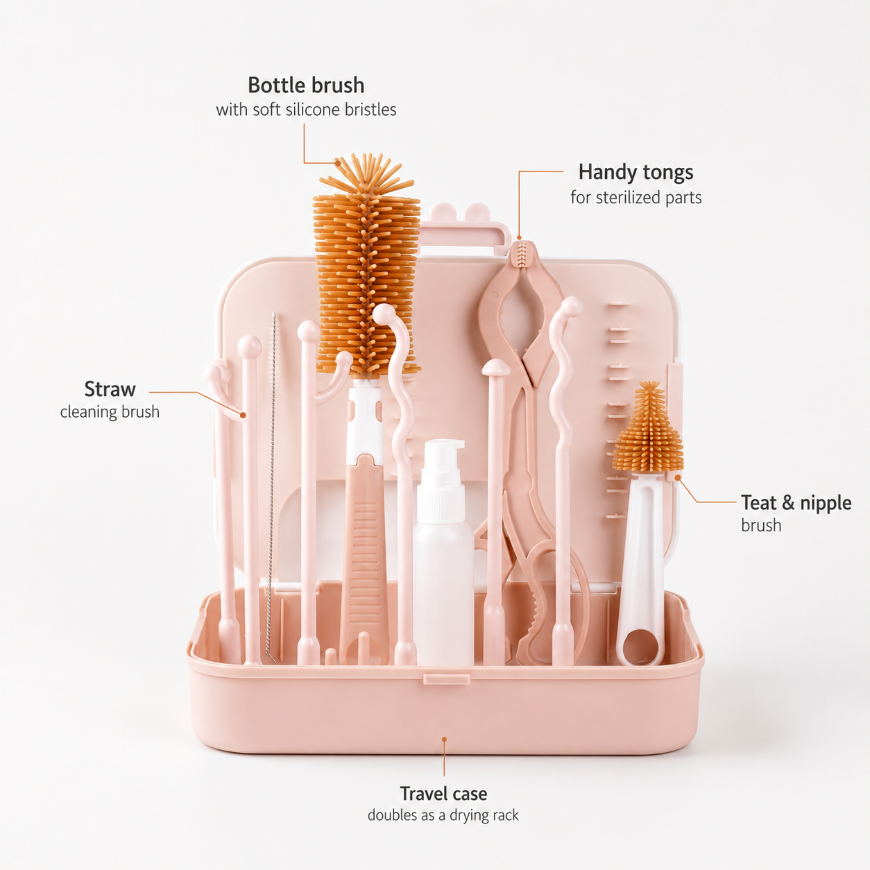 6 in 1 Travel Baby Bottle Brush Kit — Silicone Cleaning Set with Storage & Drying Stand