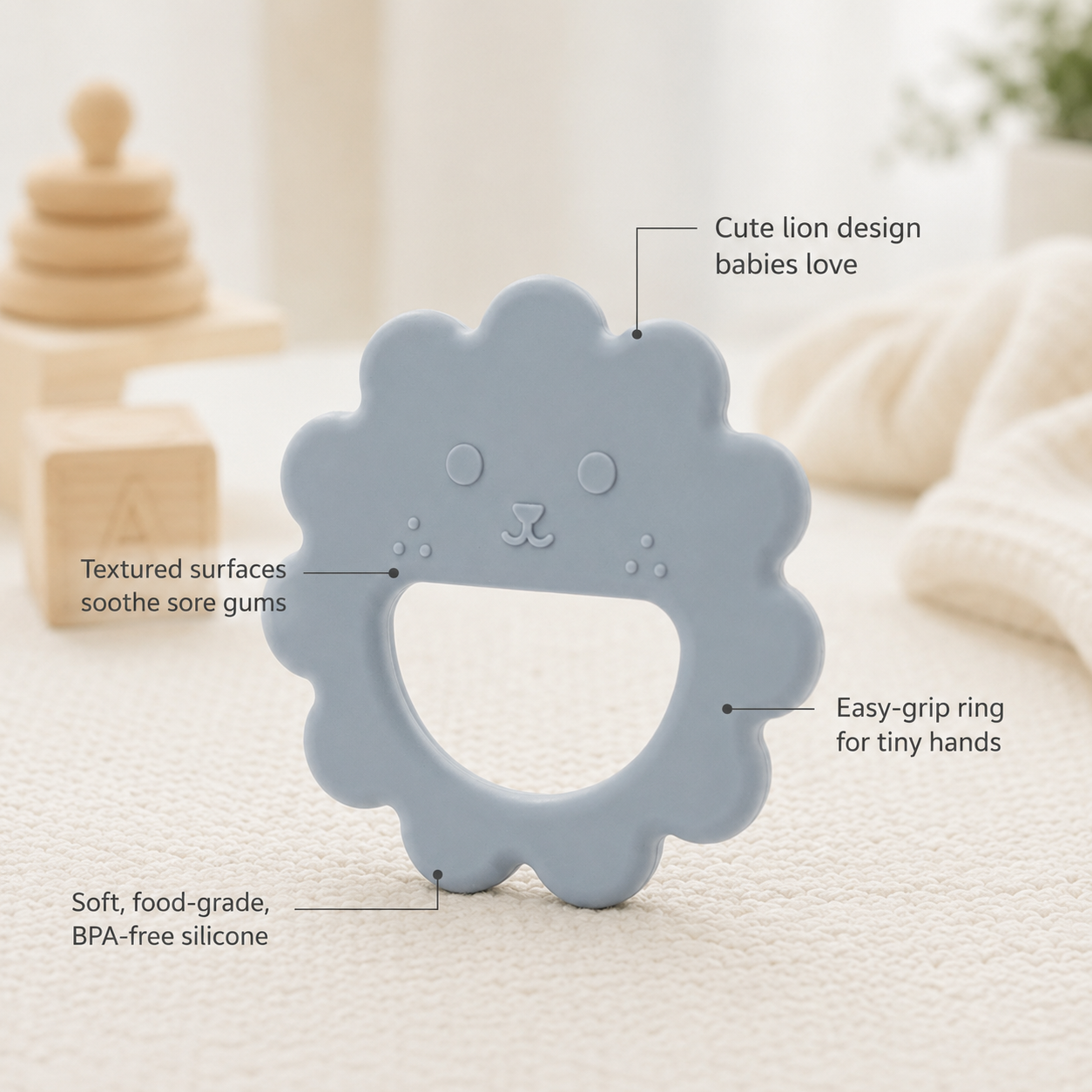 Lion Silicone Teether — BPA-Free Sensory Teething Ring for Babies