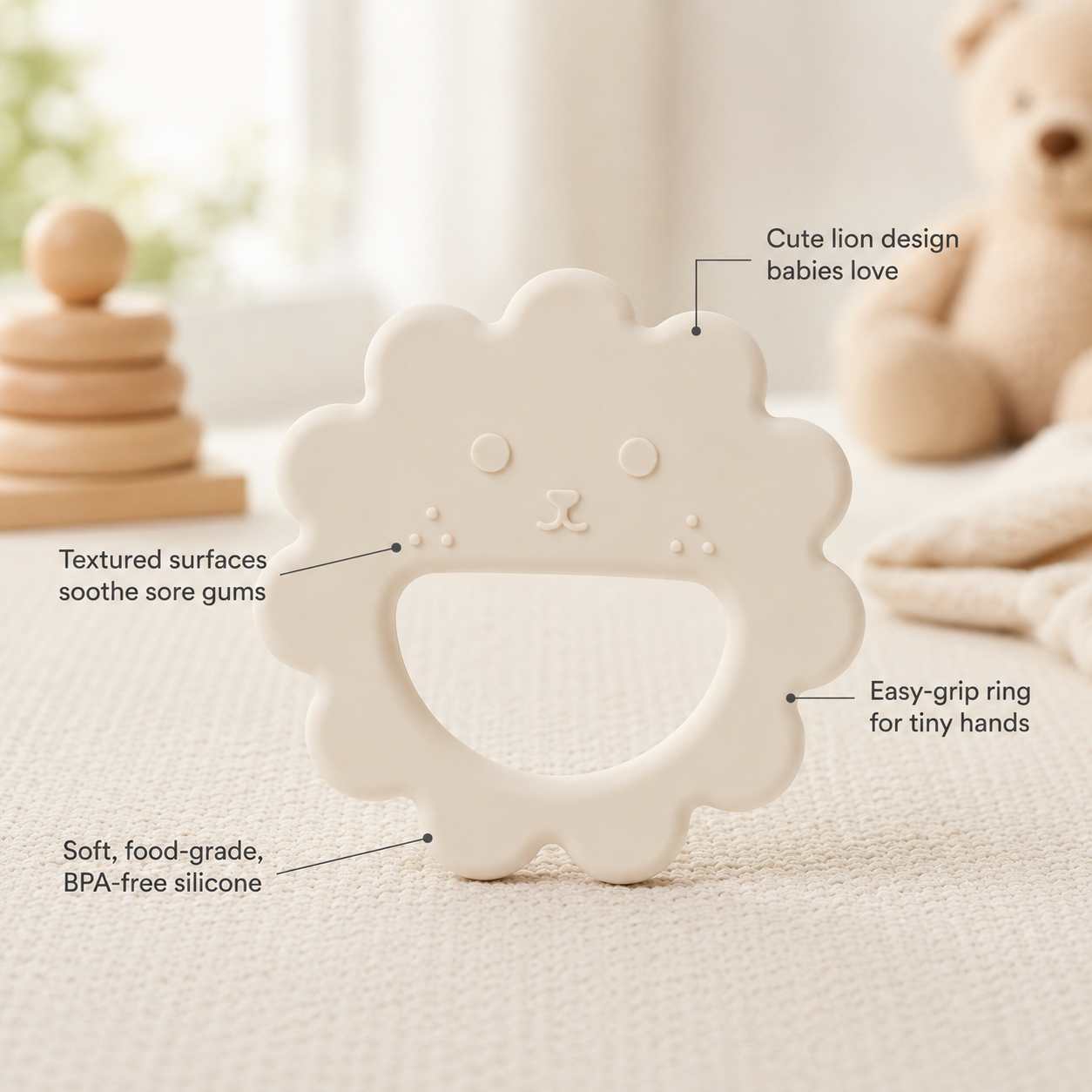 Lion Silicone Teether — BPA-Free Sensory Teething Ring for Babies