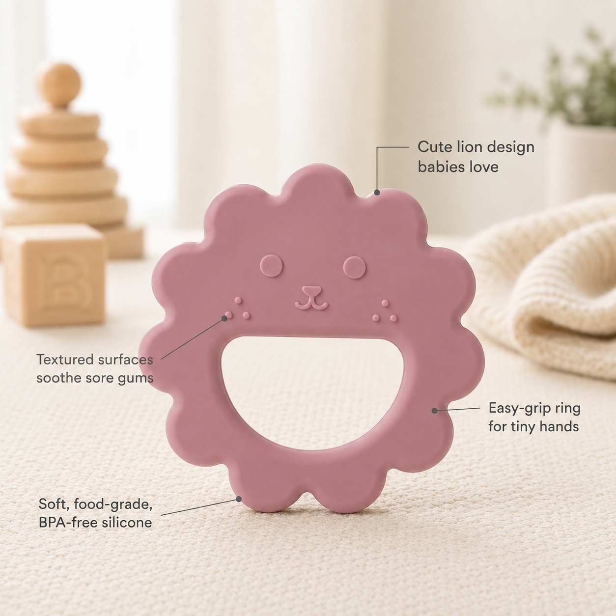 Lion Silicone Teether — BPA-Free Sensory Teething Ring for Babies