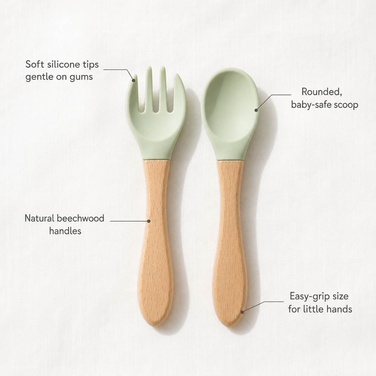 Baby Spoon & Fork Set — Silicone Tips with Natural Wooden Handles for Self-Feeding