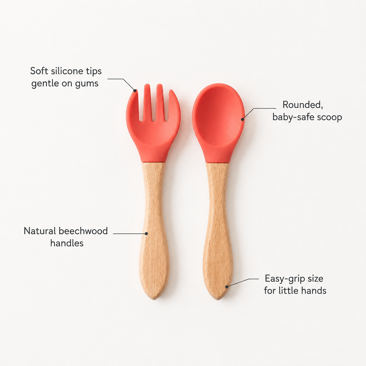 Baby Spoon & Fork Set — Silicone Tips with Natural Wooden Handles for Self-Feeding