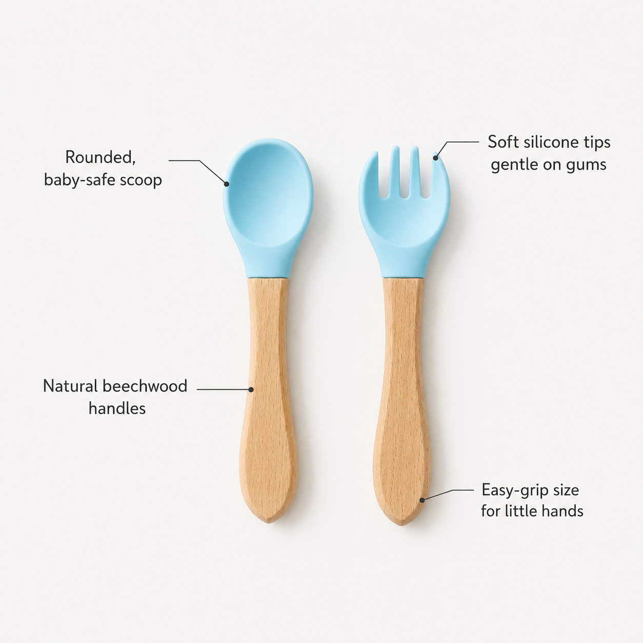 Baby Spoon & Fork Set — Silicone Tips with Natural Wooden Handles for Self-Feeding