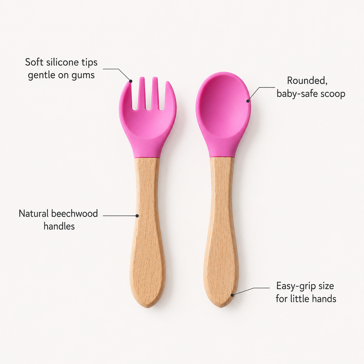 Baby Spoon & Fork Set — Silicone Tips with Natural Wooden Handles for Self-Feeding