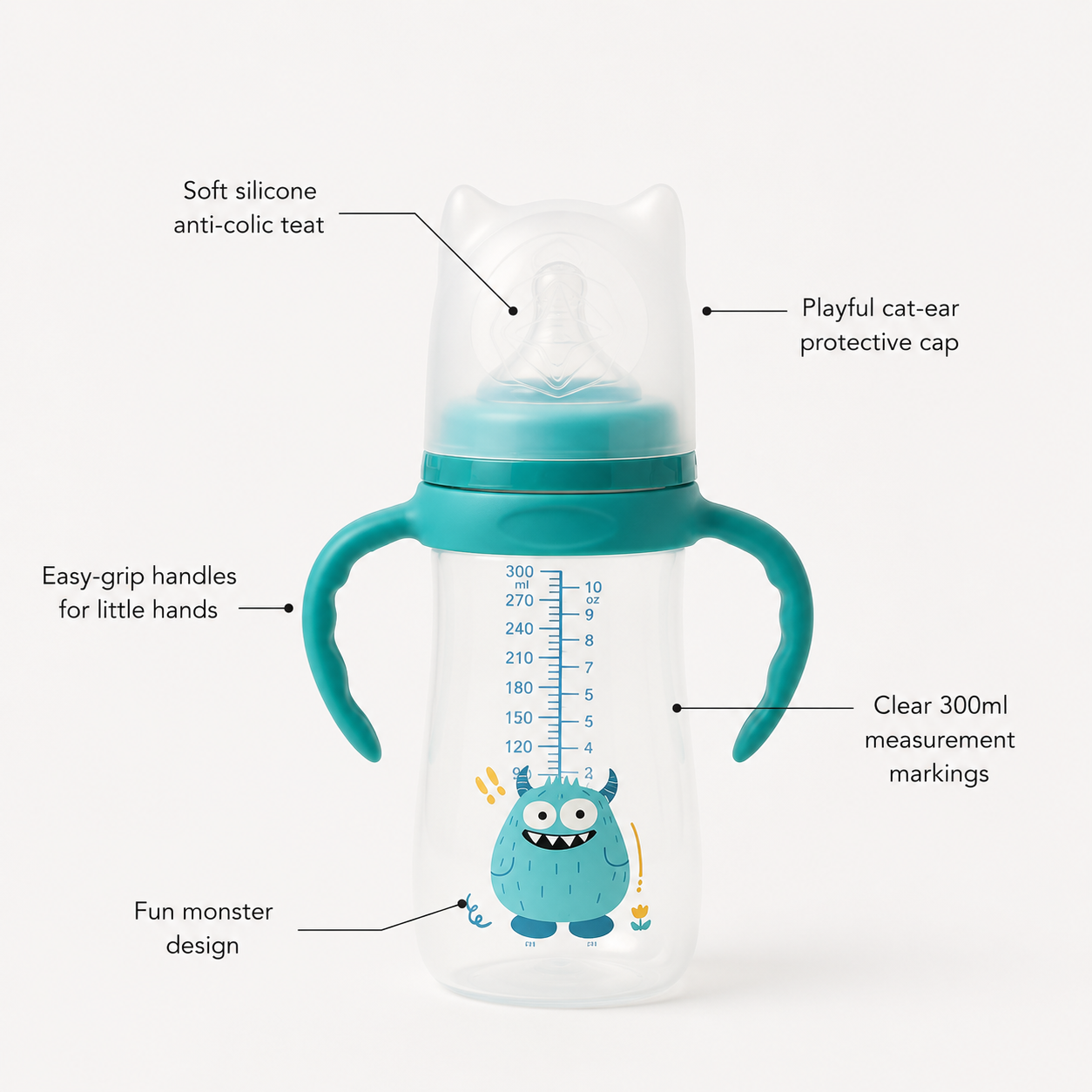 Baby Feeding Bottle with Handles — 300ml Anti-Colic Teat Monster Design Bottle, 9m+