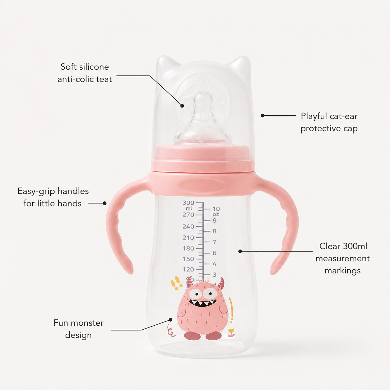 Baby Feeding Bottle with Handles — 300ml Anti-Colic Teat Monster Design Bottle, 9m+