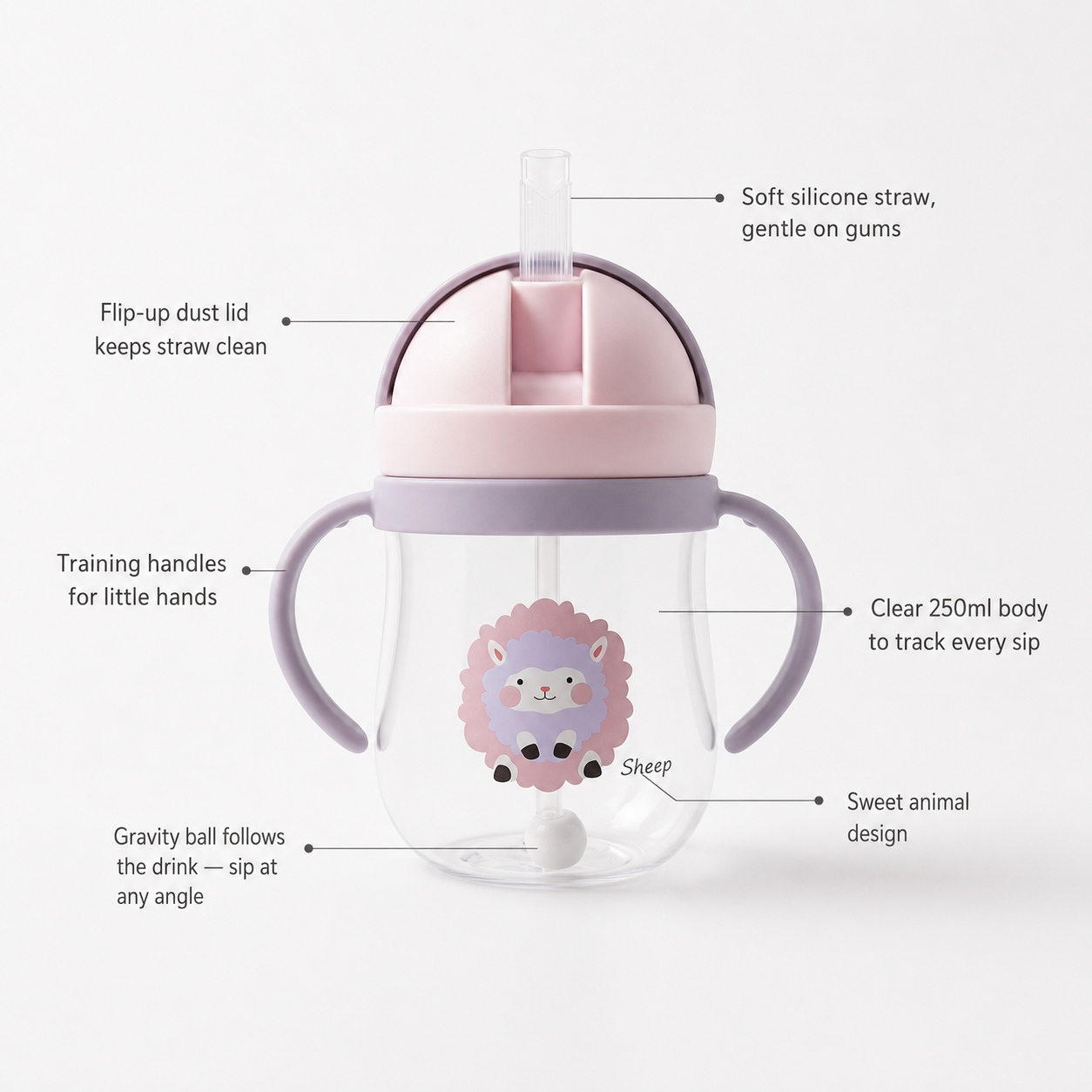 Baby Straw Sipper Cup with Handles — 250ml Weighted Gravity Ball Training Cup