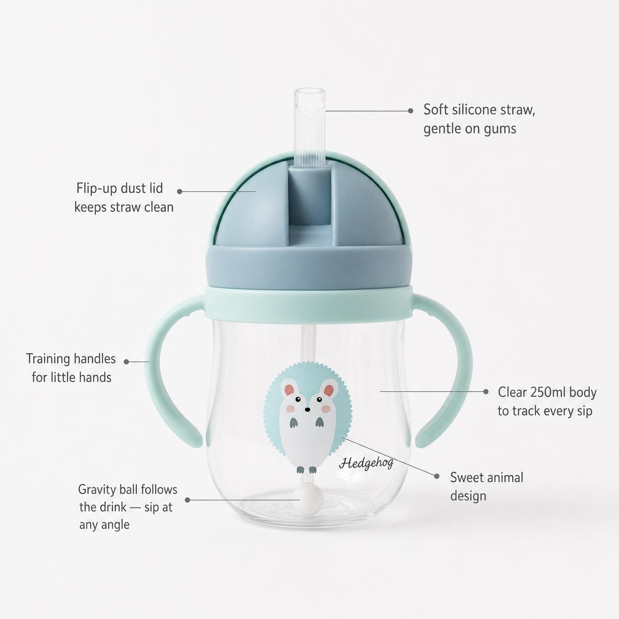 Baby Straw Sipper Cup with Handles — 250ml Weighted Gravity Ball Training Cup