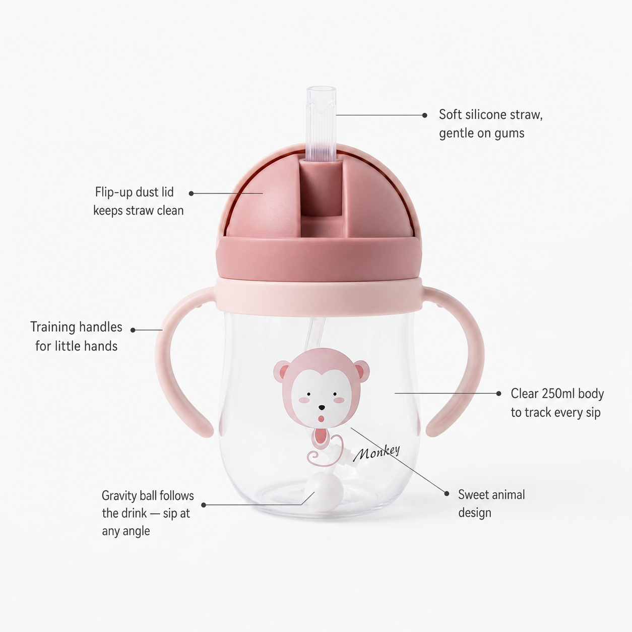 Baby Straw Sipper Cup with Handles — 250ml Weighted Gravity Ball Training Cup