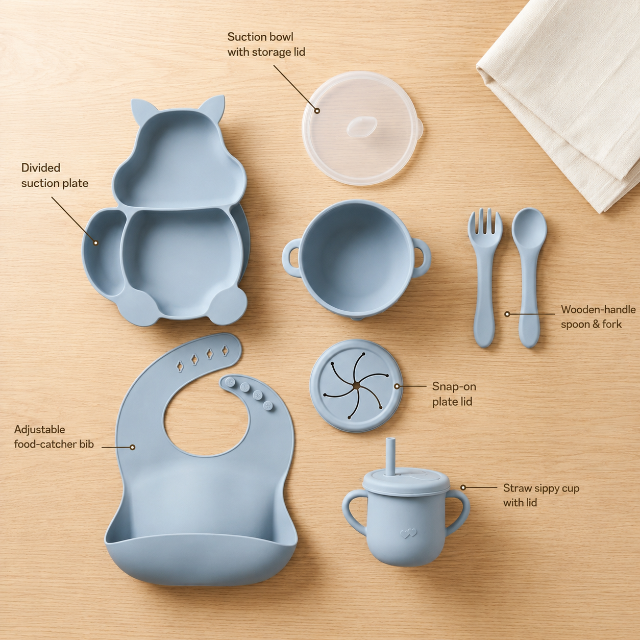 8-Piece Silicone Baby Feeding Set — Suction Bowl, Squirrel Plate, Cup, Bib & Utensils, Mauve