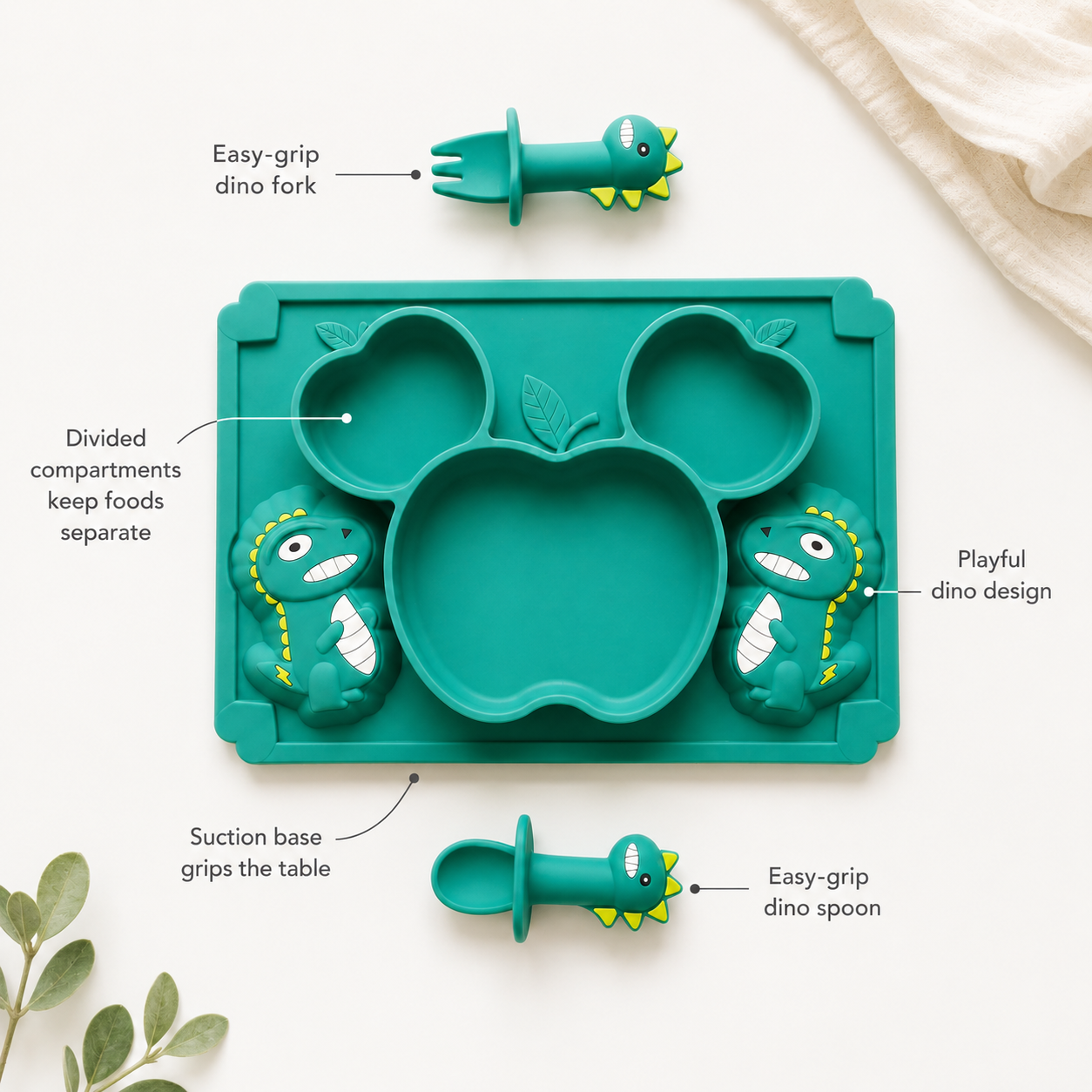 Silicone Baby Suction Plate with Spoon & Fork — Dino Divided Feeding Tray