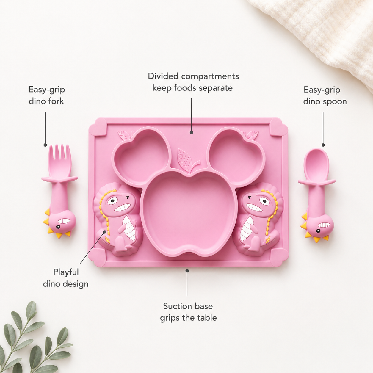 Silicone Baby Suction Plate with Spoon & Fork — Dino Divided Feeding Tray