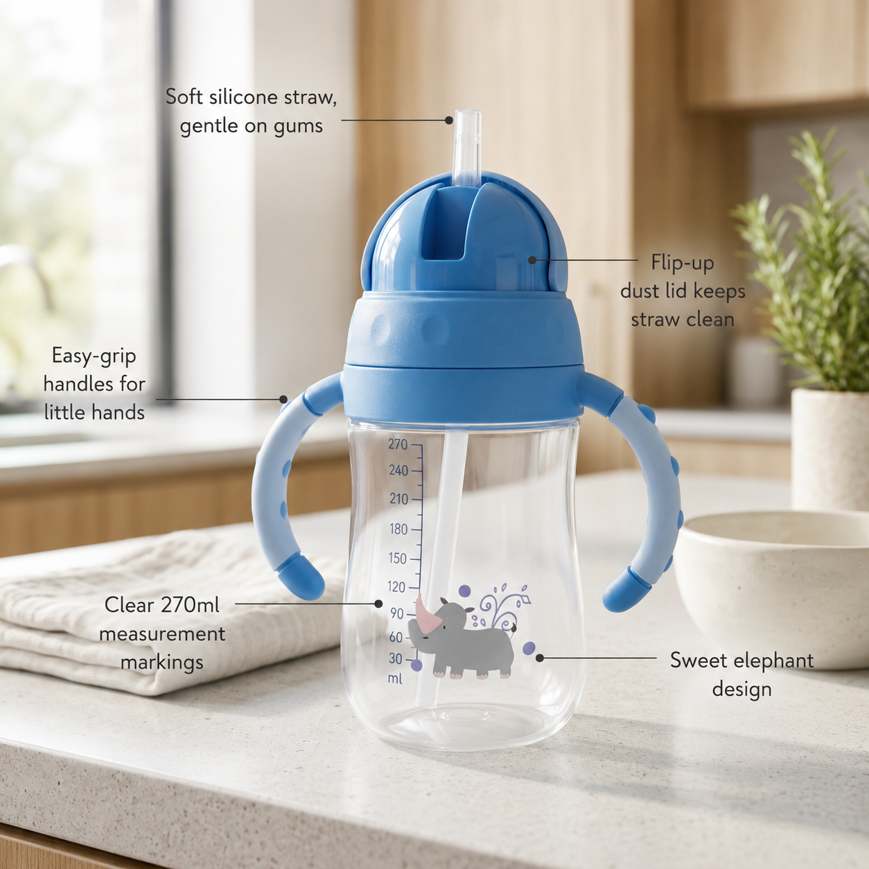 Baby Straw Sipper Bottle with Handles — 270ml Weighted Straw Cup, 6m+