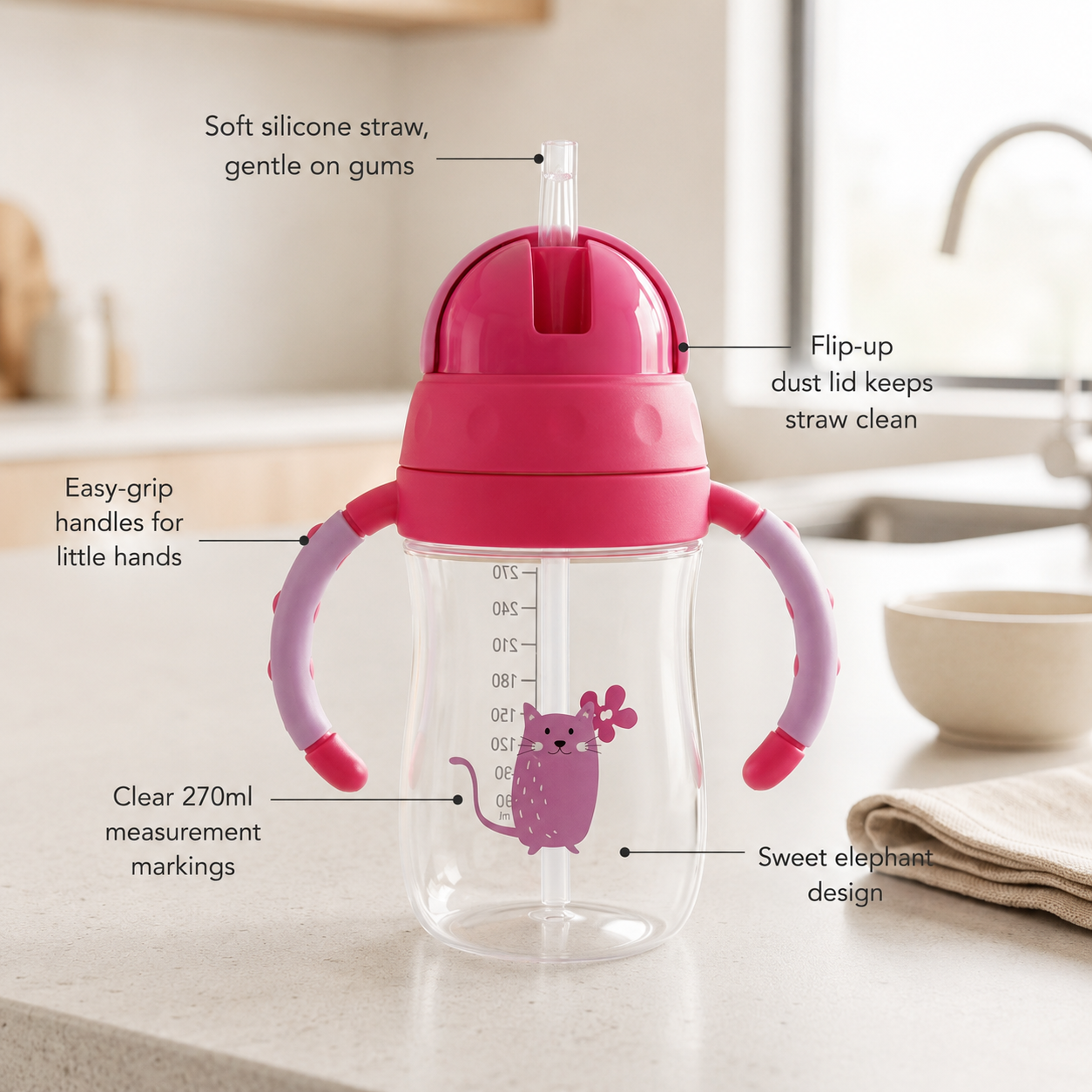 Baby Straw Sipper Bottle with Handles — 270ml Weighted Straw Cup, 6m+