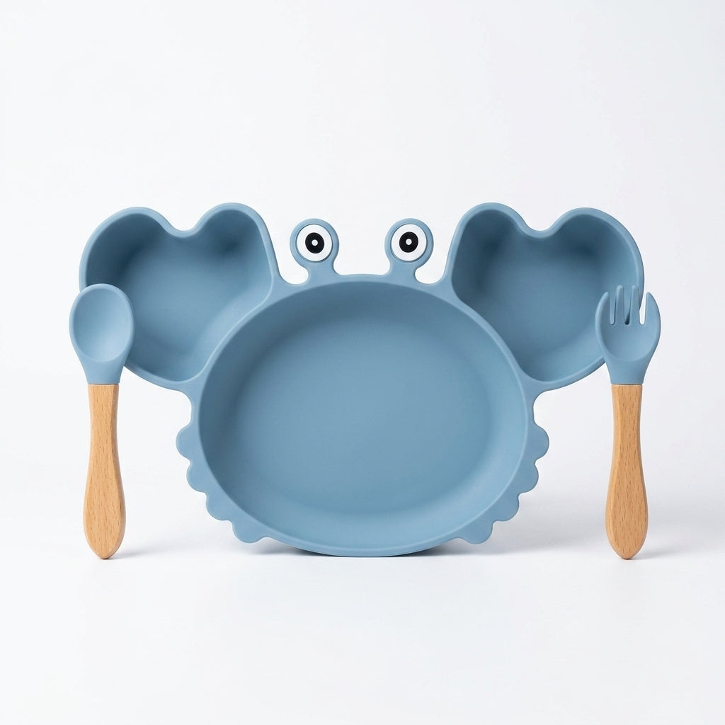 Baby Crab Feeding Set — Silicone Suction Plate, Wooden-Handle Spoon & Fork