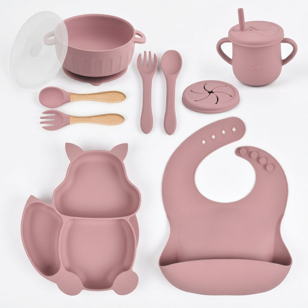 8-Piece Silicone Baby Feeding Set — Suction Bowl, Squirrel Plate, Cup, Bib & Utensils, Mauve