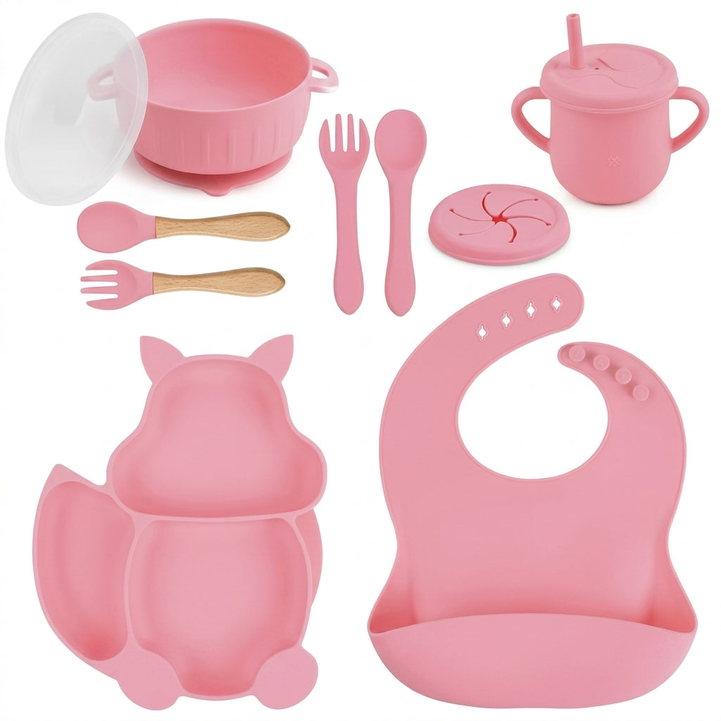 8-Piece Silicone Baby Feeding Set — Suction Bowl, Squirrel Plate, Cup, Bib & Utensils, Mauve