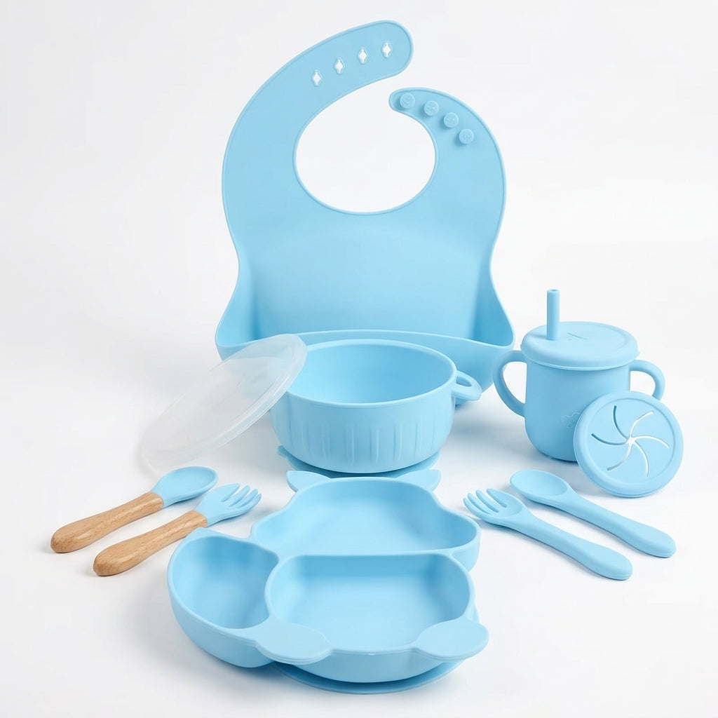 8-Piece Silicone Baby Feeding Set — Suction Bowl, Squirrel Plate, Cup, Bib & Utensils, Mauve
