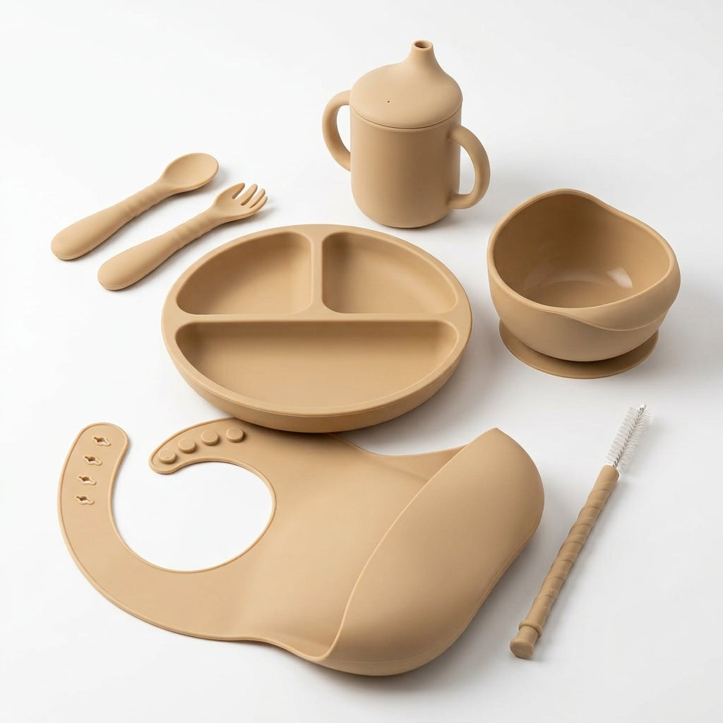 6-Piece Silicone Baby Feeding Set — Suction Plate, Bowl, Sippy Cup, Bib & Utensils, Mauve