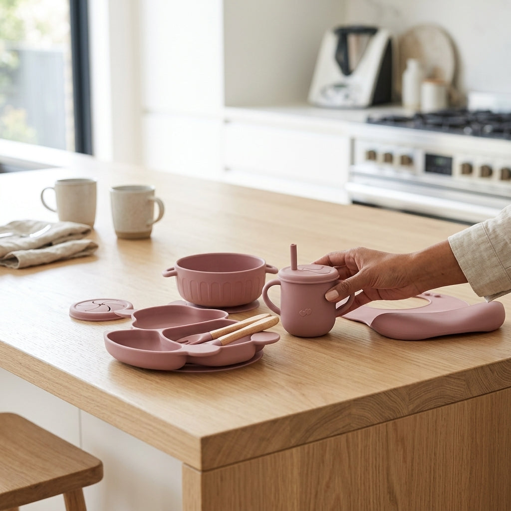 8-Piece Silicone Baby Feeding Set — Suction Bowl, Squirrel Plate, Cup, Bib & Utensils, Mauve