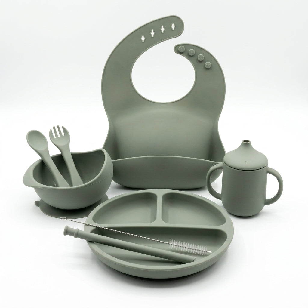6-Piece Silicone Baby Feeding Set — Suction Plate, Bowl, Sippy Cup, Bib & Utensils, Mauve