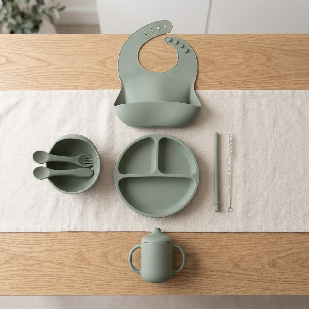 6-Piece Silicone Baby Feeding Set — Suction Plate, Bowl, Sippy Cup, Bib & Utensils, Mauve