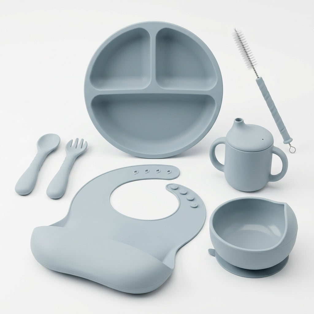 6-Piece Silicone Baby Feeding Set — Suction Plate, Bowl, Sippy Cup, Bib & Utensils, Mauve