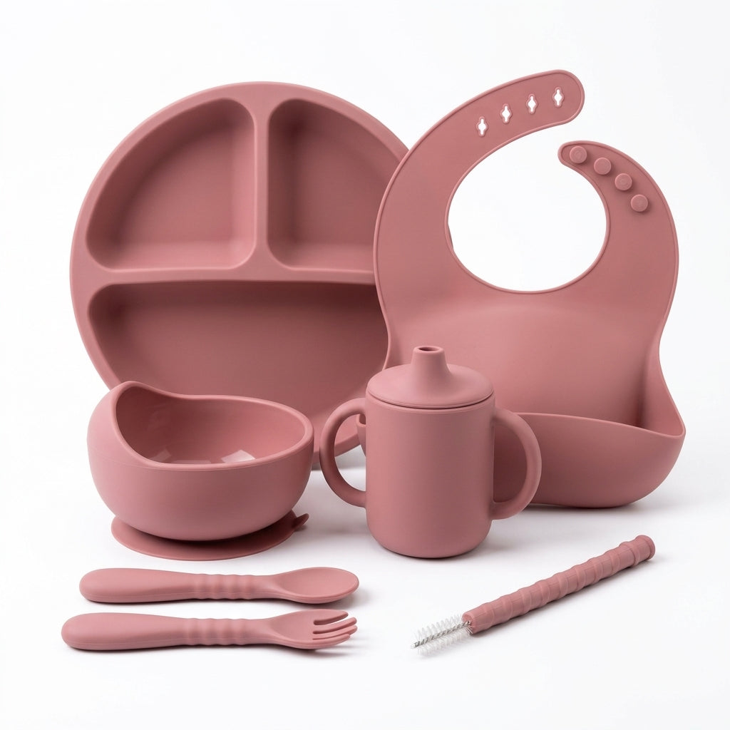 6-Piece Silicone Baby Feeding Set — Suction Plate, Bowl, Sippy Cup, Bib & Utensils, Mauve