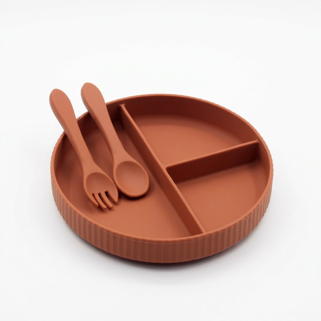 3-Piece Silicone Baby Feeding Set — Divided Suction Plate with Spoon & Fork