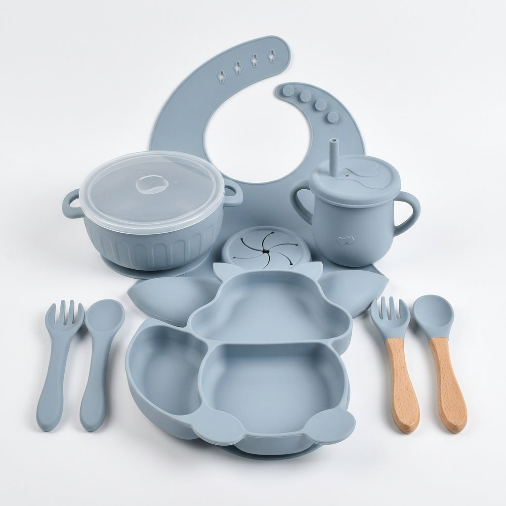 8-Piece Silicone Baby Feeding Set — Suction Bowl, Squirrel Plate, Cup, Bib & Utensils, Mauve