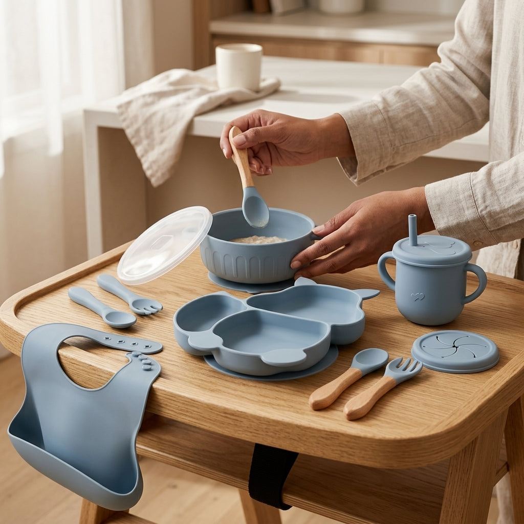 8-Piece Silicone Baby Feeding Set — Suction Bowl, Squirrel Plate, Cup, Bib & Utensils, Mauve
