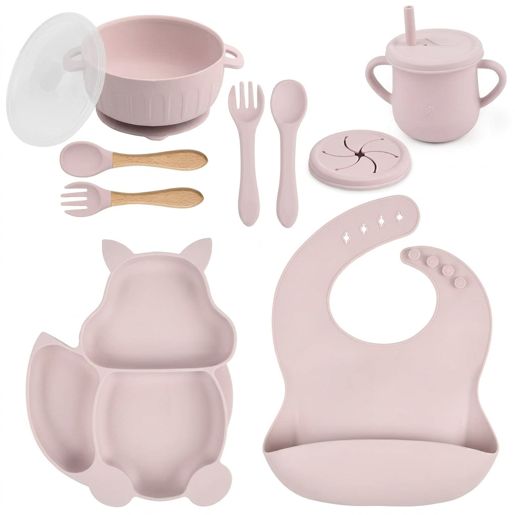 8-Piece Silicone Baby Feeding Set — Suction Bowl, Squirrel Plate, Cup, Bib & Utensils, Mauve