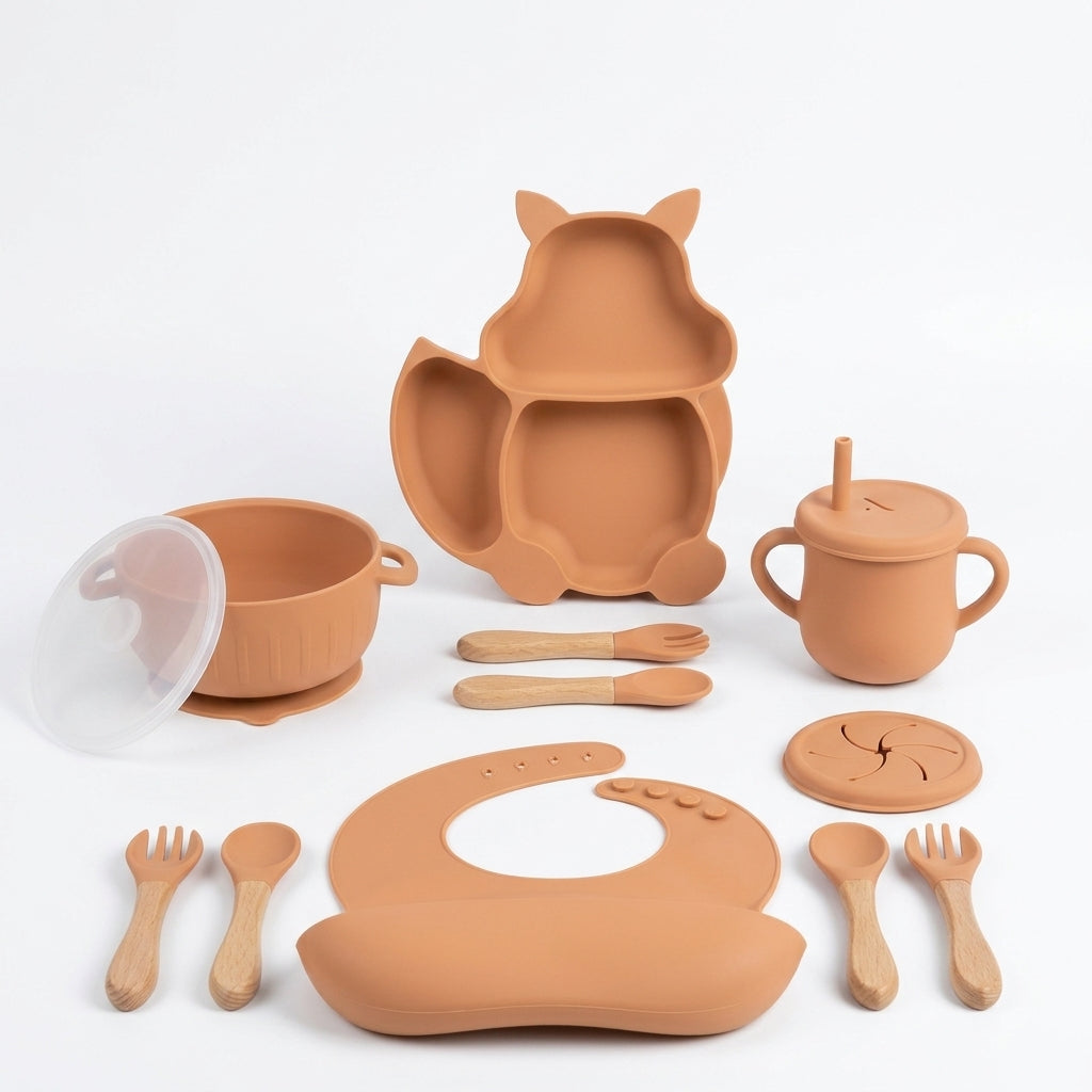 8-Piece Silicone Baby Feeding Set — Suction Bowl, Squirrel Plate, Cup, Bib & Utensils, Mauve