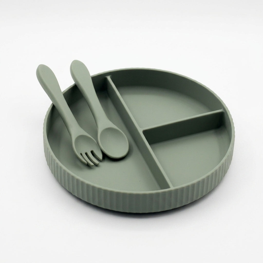 3-Piece Silicone Baby Feeding Set — Divided Suction Plate with Spoon & Fork