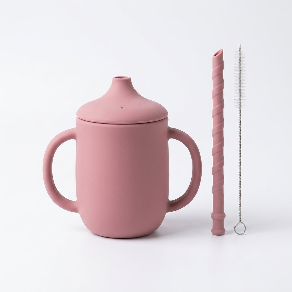 Silicone Baby Straw Cup with Handles & Cleaning Brush — Spill-Resistant Sippy Cup