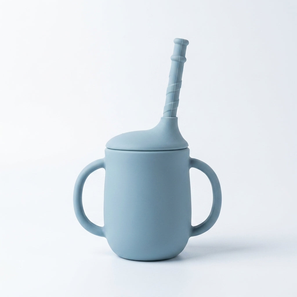 Silicone Baby Straw Cup with Handles & Cleaning Brush — Spill-Resistant Sippy Cup