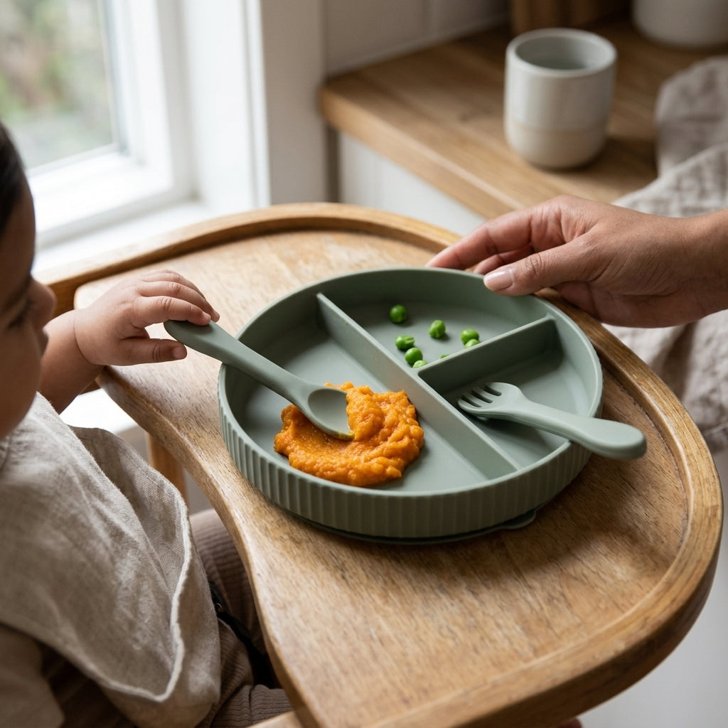 3-Piece Silicone Baby Feeding Set — Divided Suction Plate with Spoon & Fork