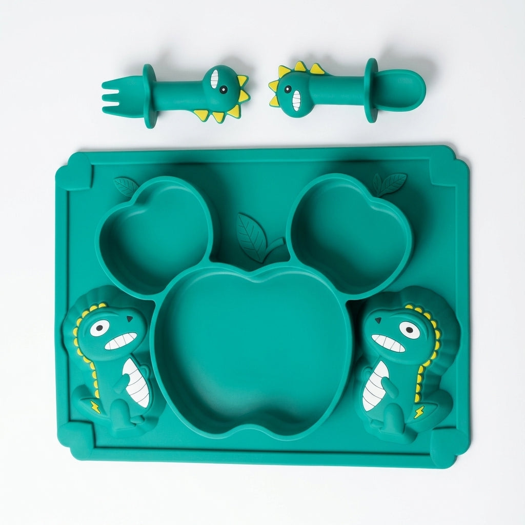 Silicone Baby Suction Plate with Spoon & Fork — Dino Divided Feeding Tray