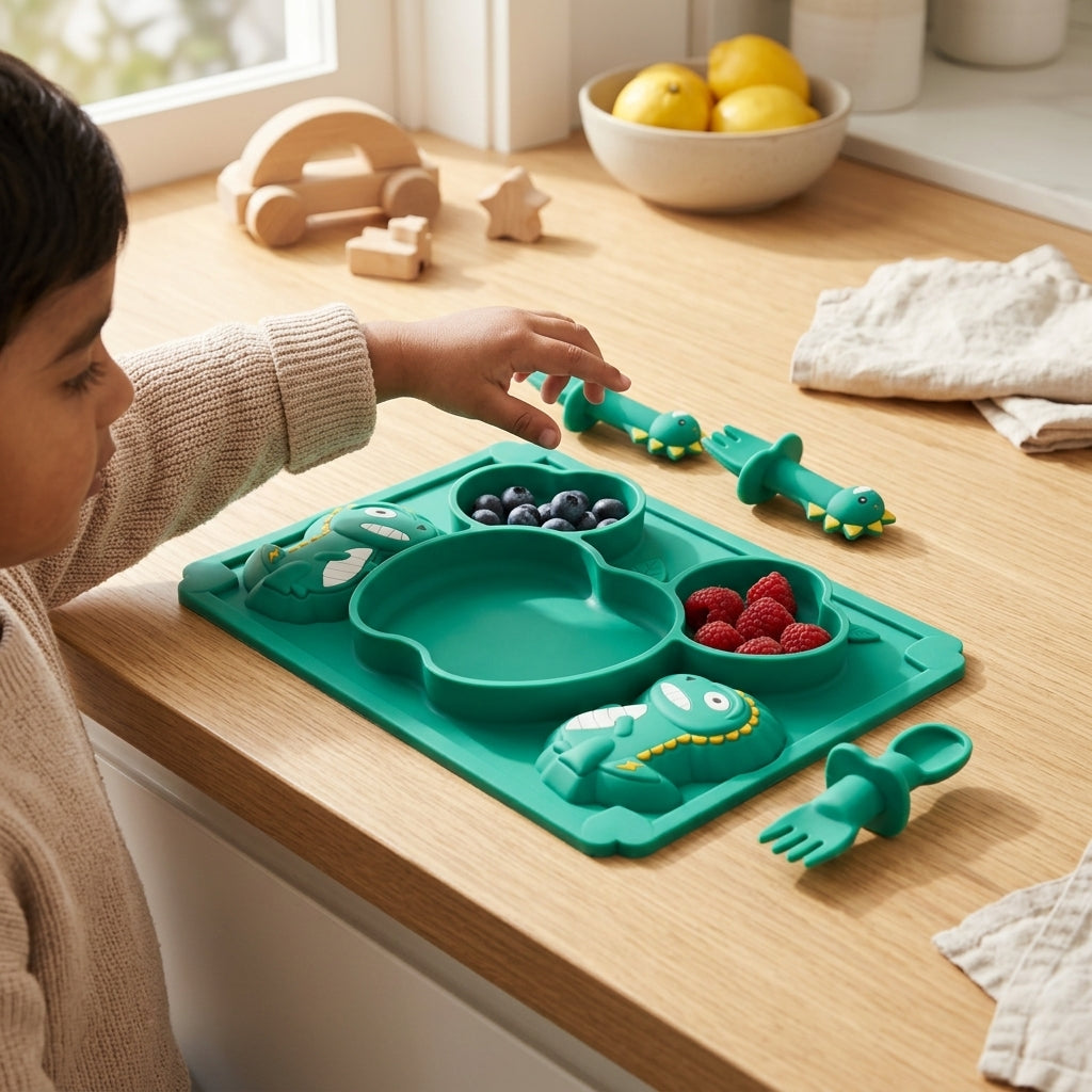 Silicone Baby Suction Plate with Spoon & Fork — Dino Divided Feeding Tray