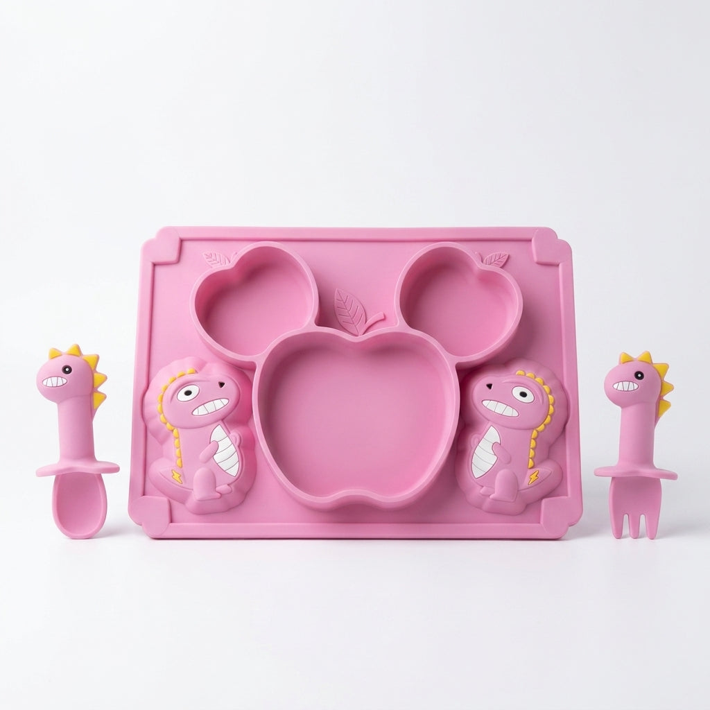 Silicone Baby Suction Plate with Spoon & Fork — Dino Divided Feeding Tray
