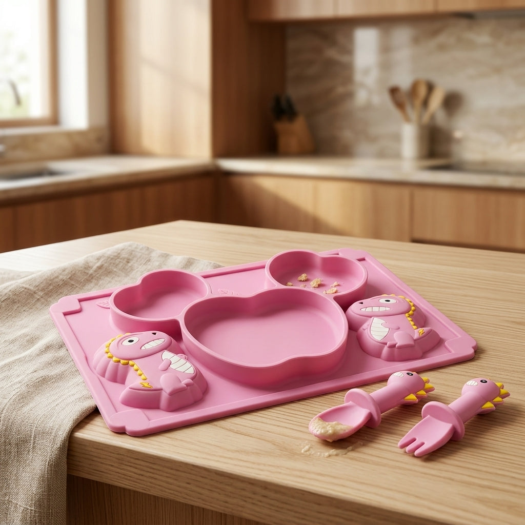 Silicone Baby Suction Plate with Spoon & Fork — Dino Divided Feeding Tray
