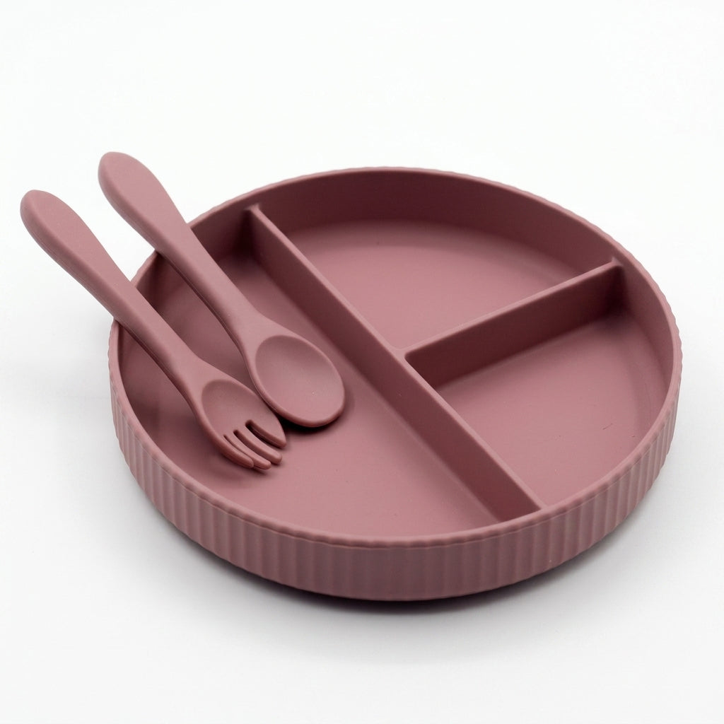 3-Piece Silicone Baby Feeding Set — Divided Suction Plate with Spoon & Fork