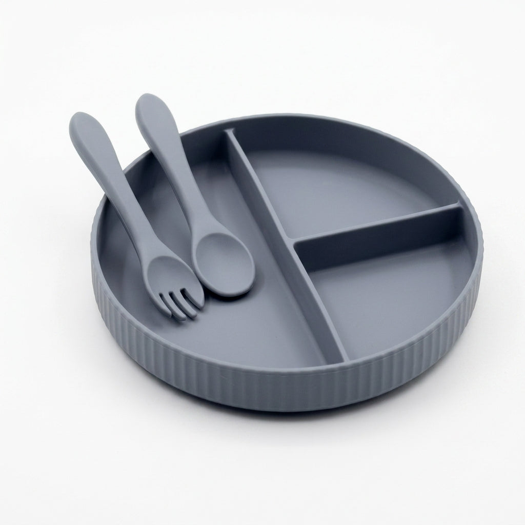 3-Piece Silicone Baby Feeding Set — Divided Suction Plate with Spoon & Fork