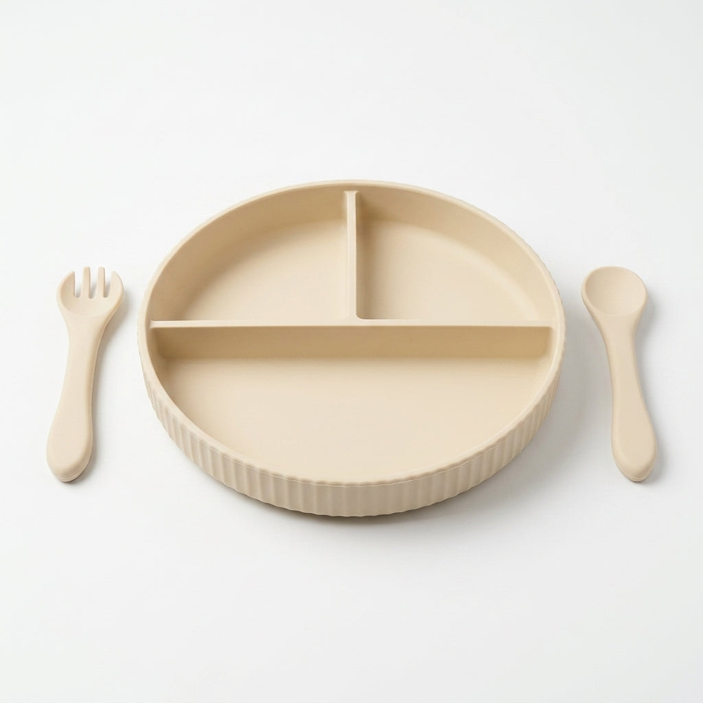 3-Piece Silicone Baby Feeding Set — Divided Suction Plate with Spoon & Fork