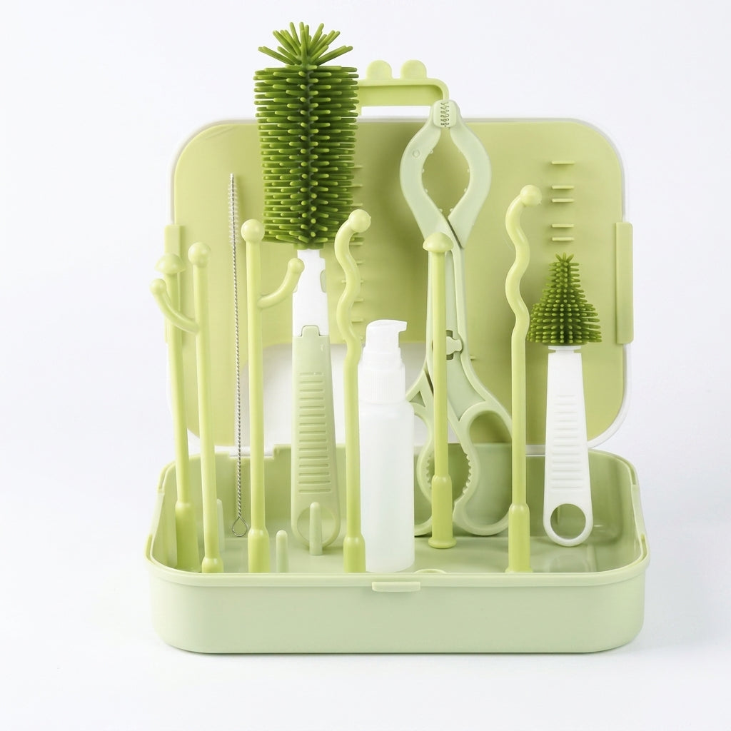 6 in 1 Travel Baby Bottle Brush Kit — Silicone Cleaning Set with Storage & Drying Stand